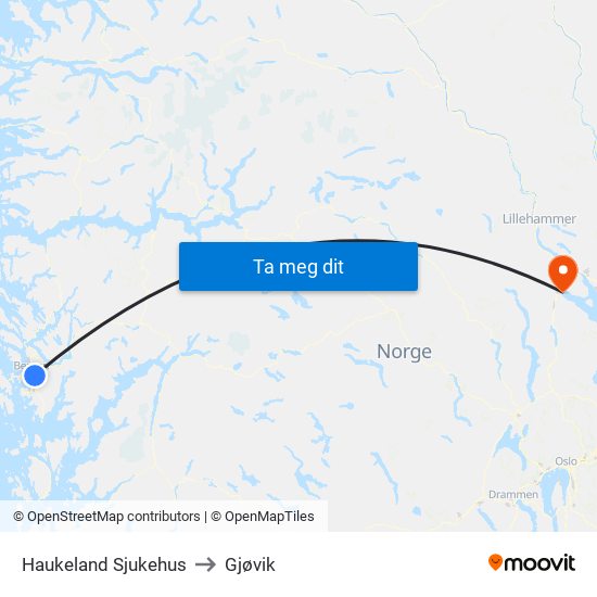 Haukeland Sjukehus to Gjøvik map