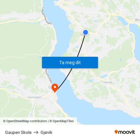 Gaupen Skole to Gjøvik map