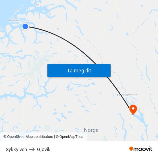 Sykkylven to Gjøvik map