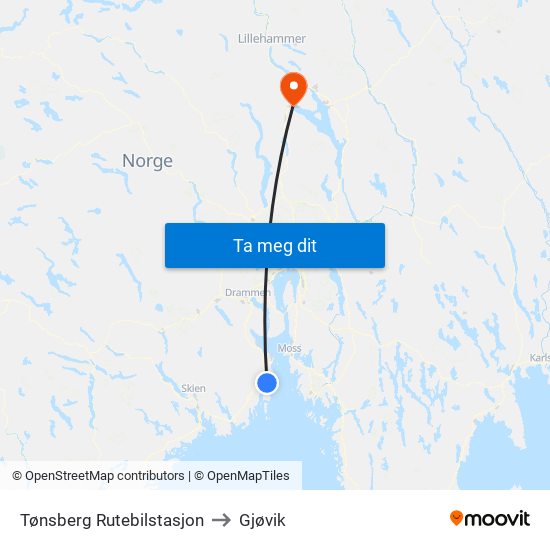Tønsberg Rutebilstasjon to Gjøvik map