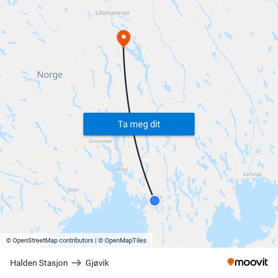 Halden Stasjon to Gjøvik map