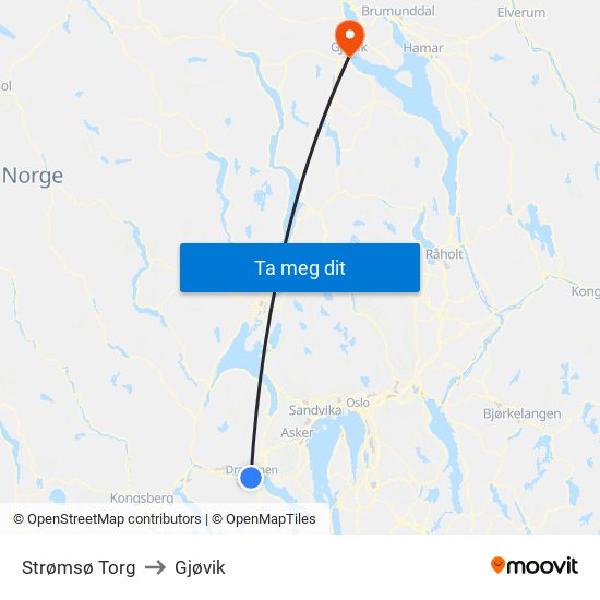 Strømsø Torg to Gjøvik map