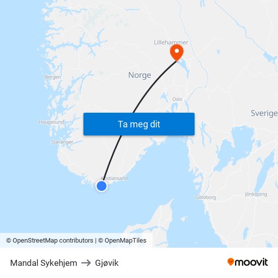 Mandal Sykehjem to Gjøvik map