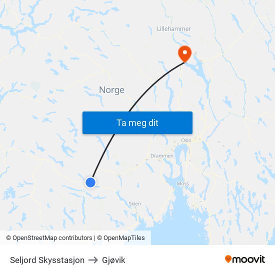 Seljord Skysstasjon to Gjøvik map