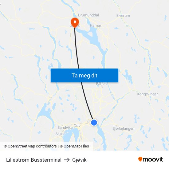 Lillestrøm Bussterminal to Gjøvik map