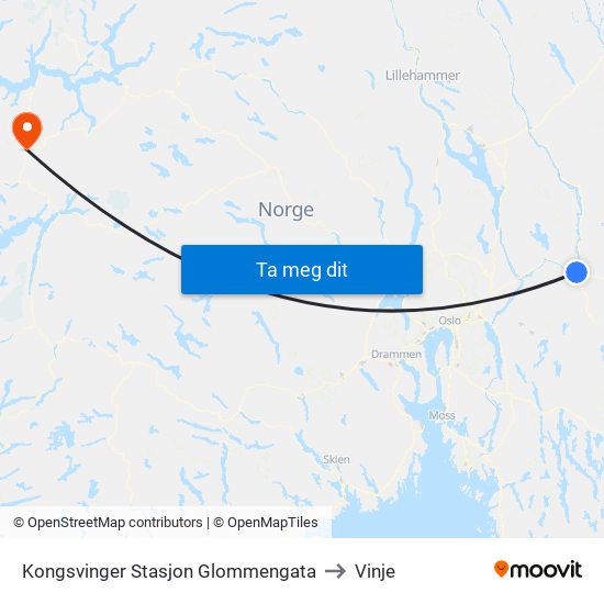Kongsvinger Stasjon Glommengata to Vinje map