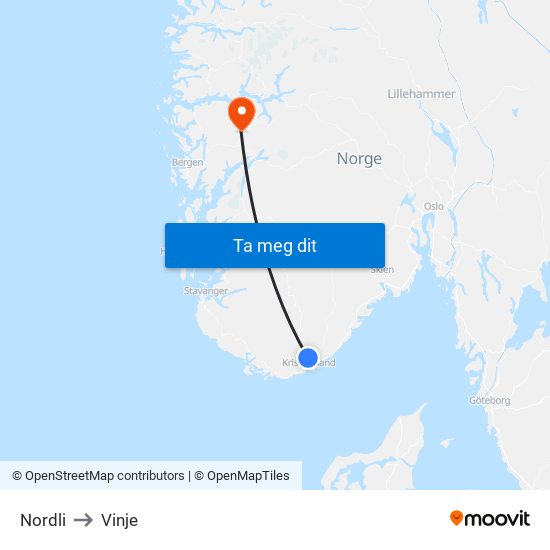 Nordli to Vinje map