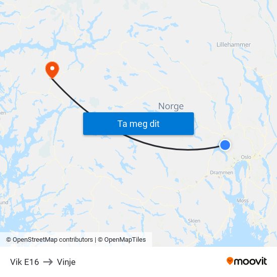 Vik E16 to Vinje map