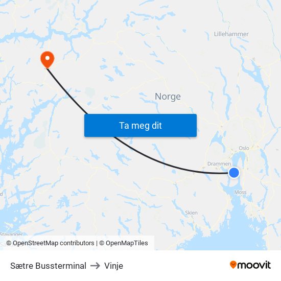 Sætre Bussterminal to Vinje map