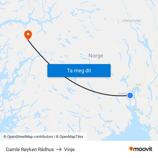 Gamle Røyken Rådhus to Vinje map