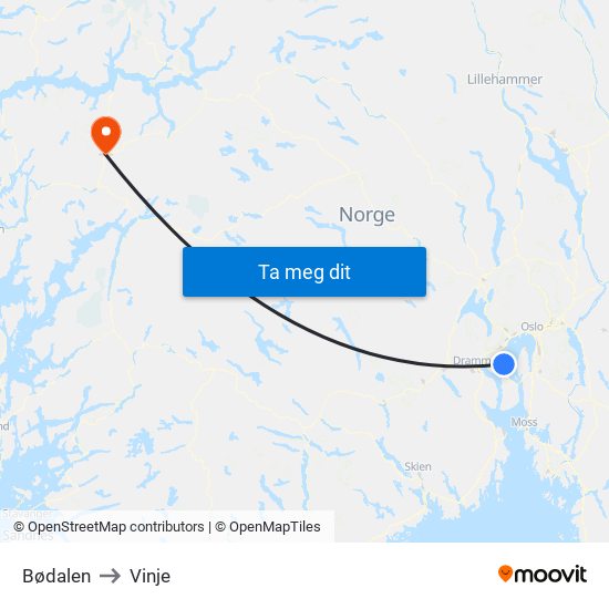 Bødalen to Vinje map