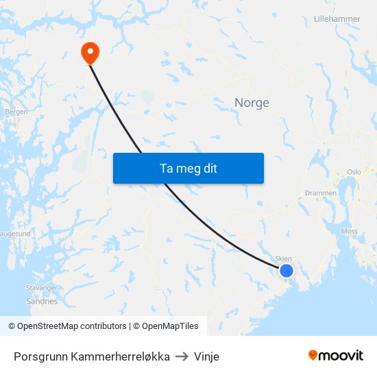 Porsgrunn Kammerherreløkka to Vinje map