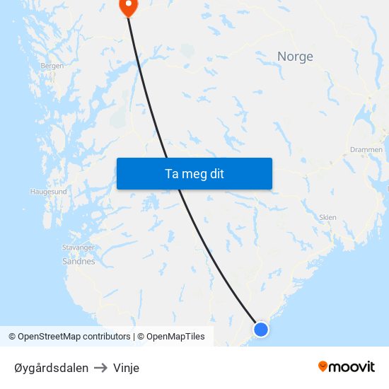 Øygårdsdalen to Vinje map