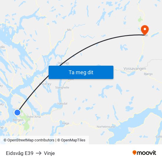 Eidsvåg E39 to Vinje map
