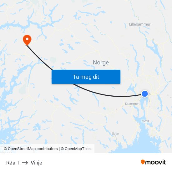 Røa T to Vinje map