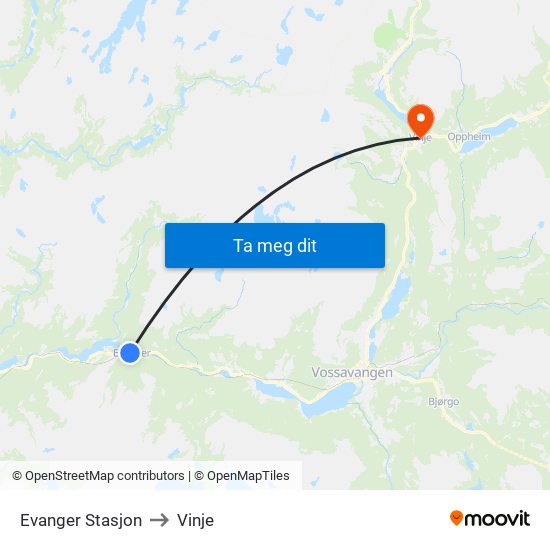 Evanger Stasjon to Vinje map