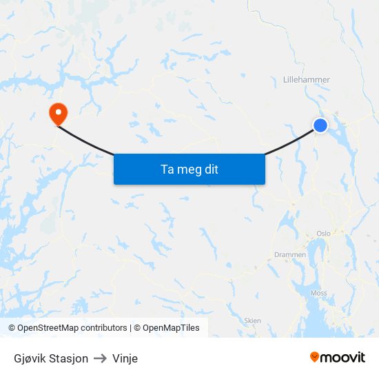 Gjøvik Stasjon to Vinje map