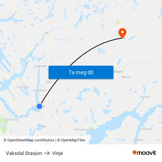 Vaksdal Stasjon to Vinje map