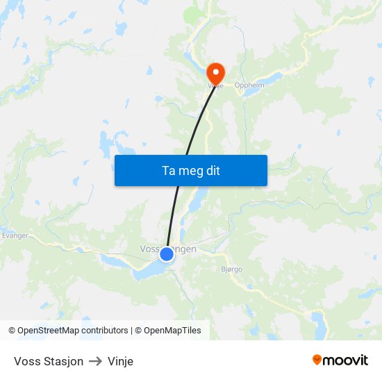 Voss Stasjon to Vinje map