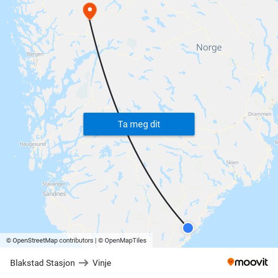 Blakstad Stasjon to Vinje map