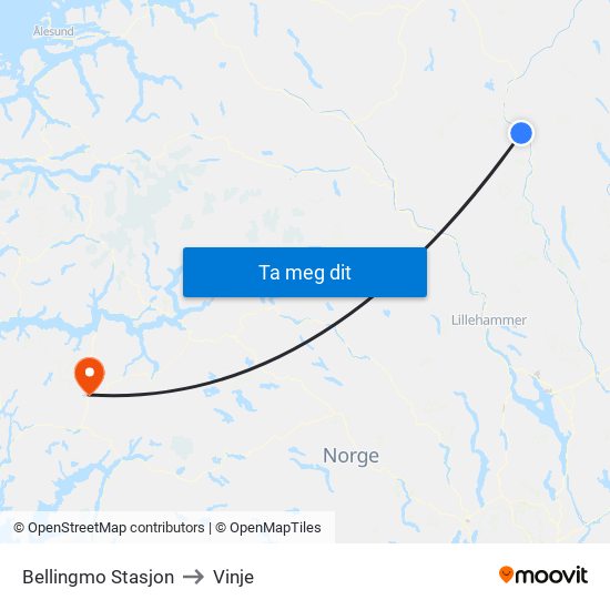Bellingmo Stasjon to Vinje map