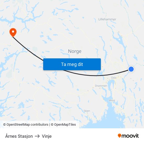 Årnes Stasjon to Vinje map