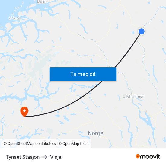 Tynset Stasjon to Vinje map