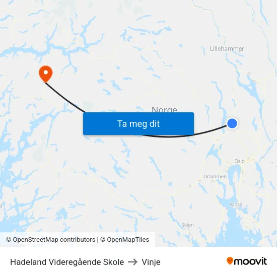 Hadeland Videregående Skole to Vinje map