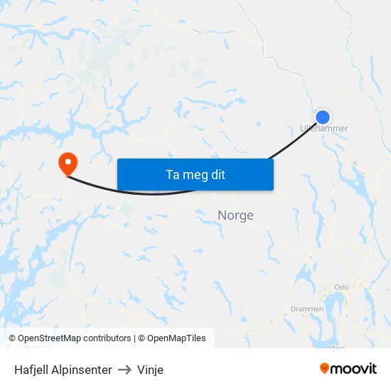 Hafjell Alpinsenter to Vinje map
