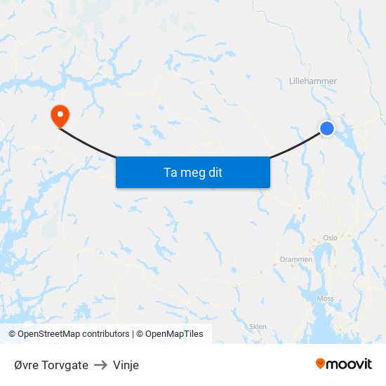 Øvre Torvgate to Vinje map