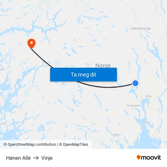 Hønen Allé to Vinje map