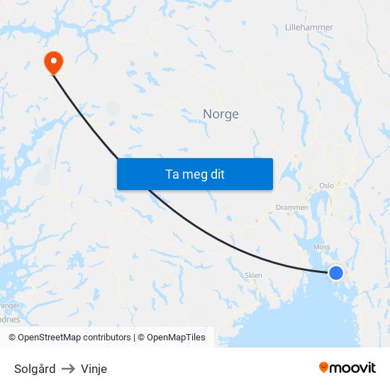Solgård to Vinje map