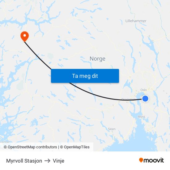 Myrvoll Stasjon to Vinje map