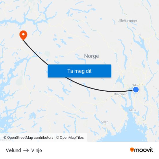 Vølund to Vinje map