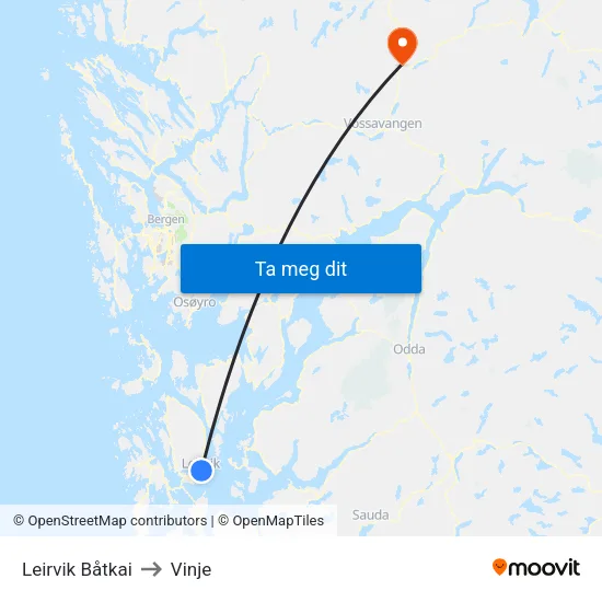 Leirvik Båtkai to Vinje map