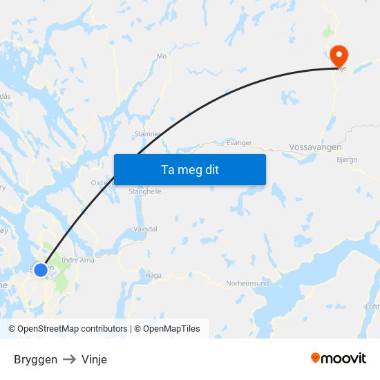 Bryggen to Vinje map