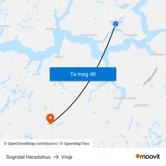 Sogndal Heradshus to Vinje map