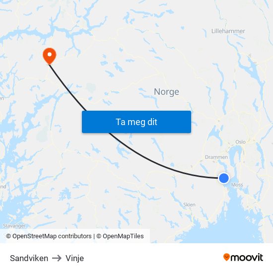 Sandviken to Vinje map