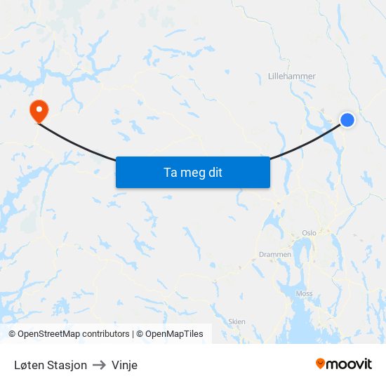 Løten Stasjon to Vinje map