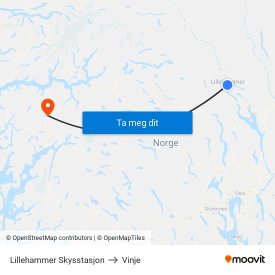 Lillehammer Skysstasjon to Vinje map