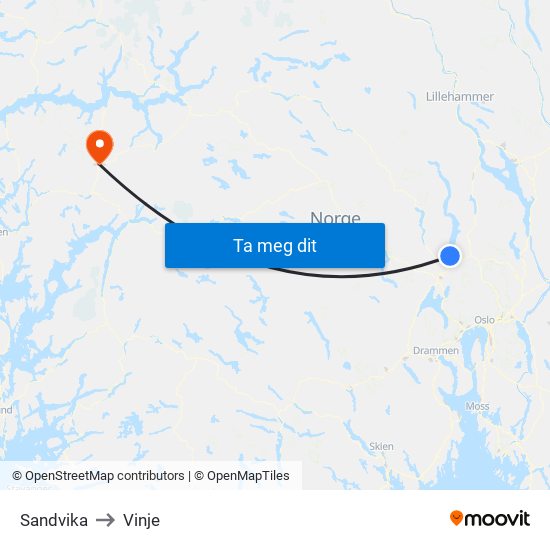 Sandvika to Vinje map