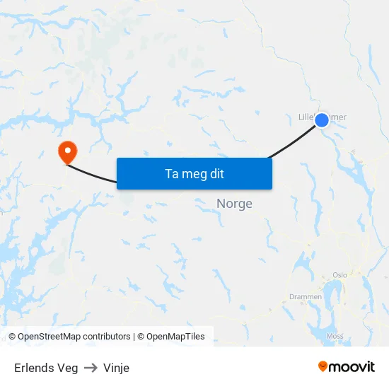 Erlends Veg to Vinje map