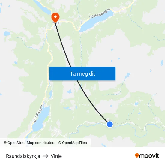 Raundalskyrkja to Vinje map