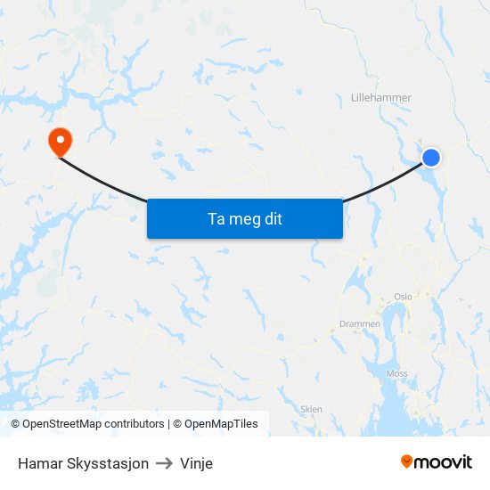 Hamar Skysstasjon to Vinje map