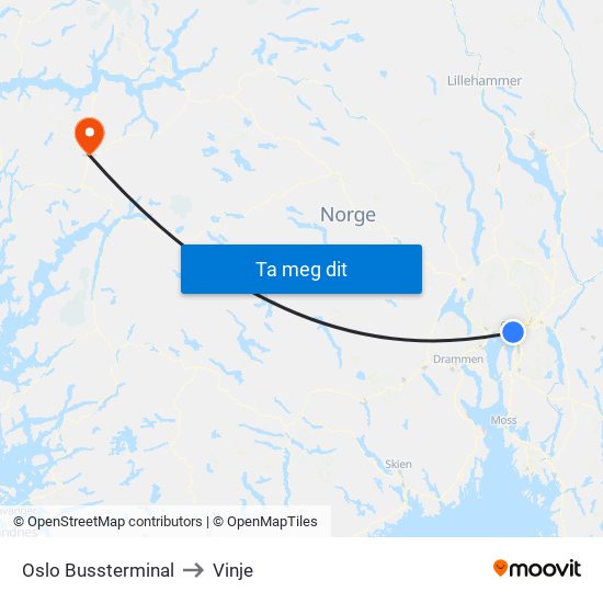 Oslo Bussterminal to Vinje map