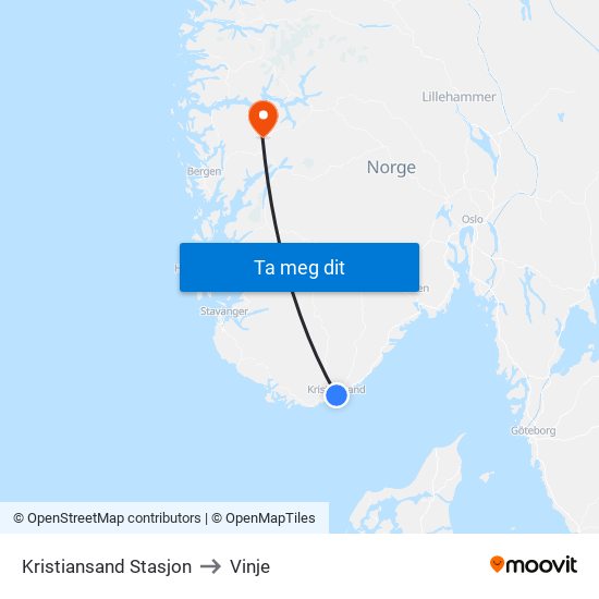 Kristiansand Stasjon to Vinje map