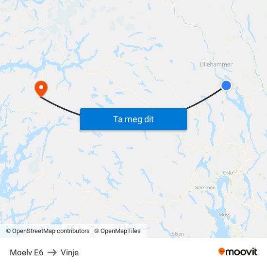 Moelv E6 to Vinje map