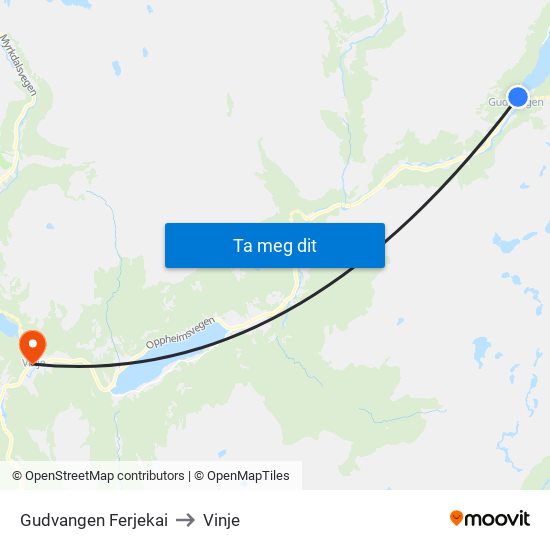 Gudvangen Ferjekai to Vinje map