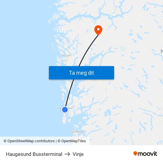 Haugesund Bussterminal to Vinje map