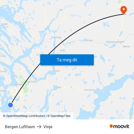 Bergen Lufthavn to Vinje map